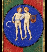 an illustration of two naked men holding a harp
